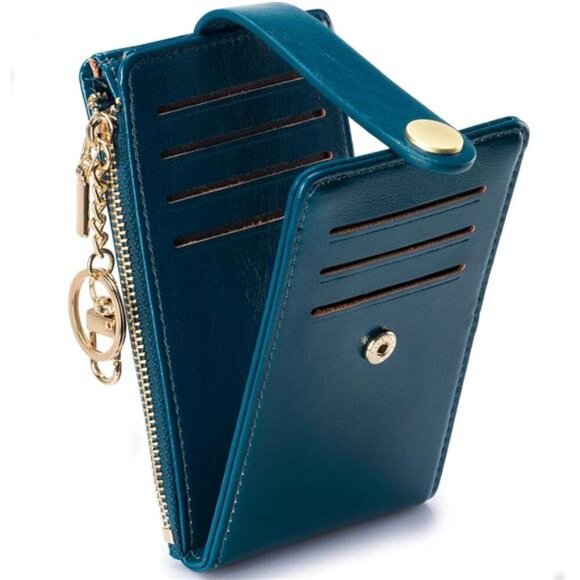 Slim Wallet for Women, 1-Oil Wax-Peacock blue - Picture 1 of 5
